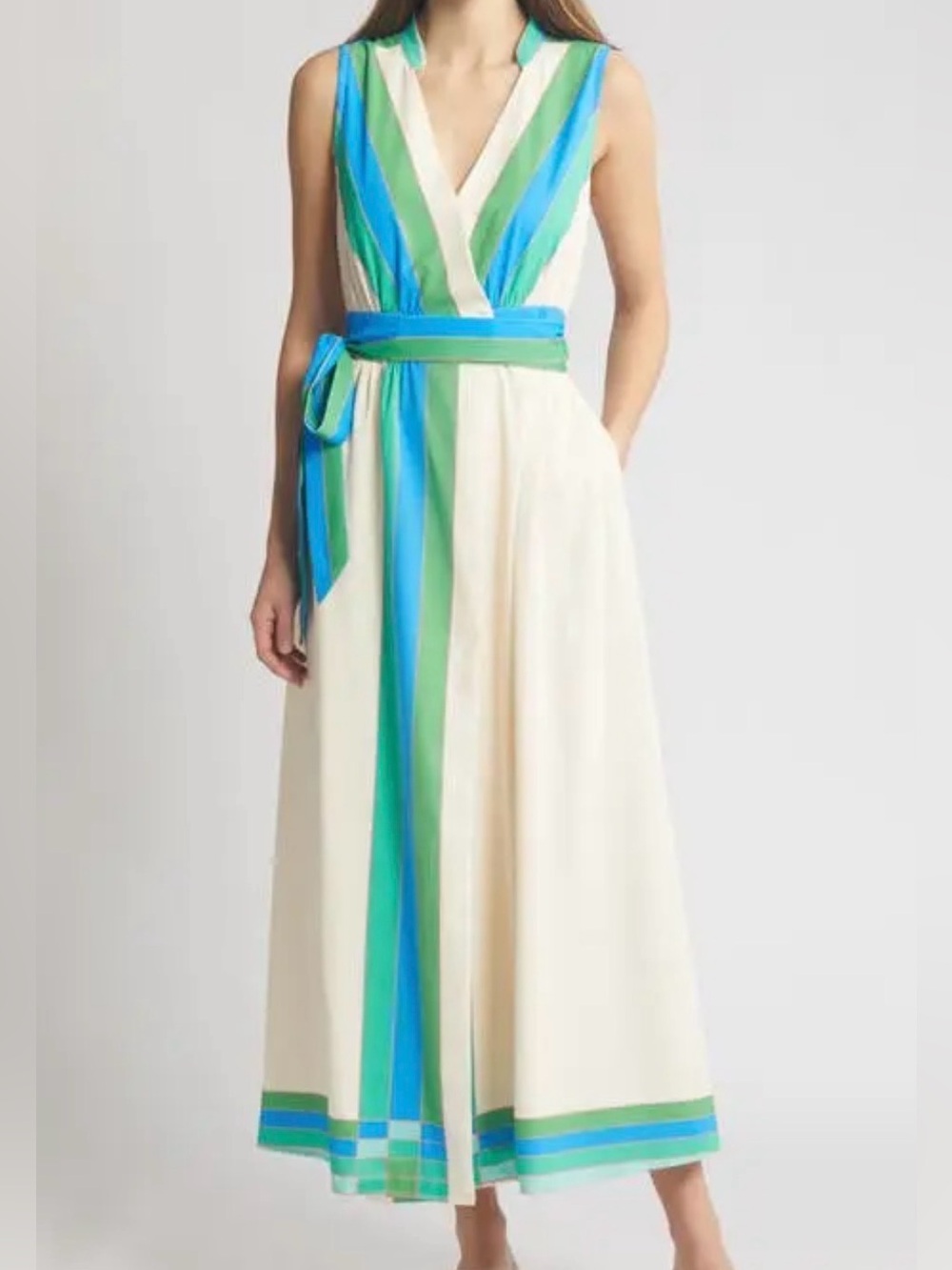 Sleeveless Cream Maxi Dress with Blue & Green Stripe Waist Tie